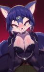  1boy 1girl blue_fur blue_hair blush breasts cleavage fox_girl fox_mccloud furry furry_female hands_on_another&#039;s_chest highres jewelry krystal neck_ring pov smile solo_focus star_fox star_fox_assault steaming_body straddling tiara two-tone_fur wildblur 