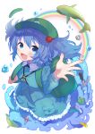  1girl :d ahase_hino arm_up backpack bag bangs blue_eyes blue_hair blue_skirt blush bolt boots buckle collar fish frilled_collar frills frog full_body green_bag hair_bobbles hair_ornament hammer hat highres kawashiro_nitori key looking_at_viewer open_mouth pliers pouch puffy_short_sleeves puffy_sleeves rainbow short_hair short_sleeves simple_background skirt smile solo touhou two_side_up water white_background 