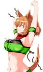  1girl ^_^ absurdres animal_ears armpits arms_up bandana bandeau bangs breasts brown_hair cleavage clenched_hand closed_eyes commentary_request detached_sleeves hair_between_eyes highres horse_ears large_breasts midriff navel ponytail short_hair short_sleeves simple_background solo stomach stretching taiki_shuttle_(umamusume) tail tkka umamusume upper_body white_background 