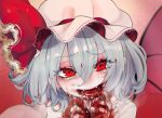  1girl bat_wings blood blood_on_clothes blood_on_face blood_on_hands blouse blue_hair blurry blurry_background blush bow commentary eyelashes eyes_visible_through_hair fangs fua_yuu hair_between_eyes half-closed_eyes hand_to_own_mouth hat hat_bow light_blue_hair looking_at_viewer mob_cap nail_polish open_mouth pink_background portrait raised_eyebrows red_eyes red_nails remilia_scarlet shirt short_hair signature simple_background smile solo teeth touhou wavy_hair white_shirt wings 
