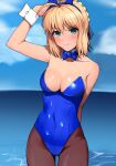  1girl alternate_costume animal_ears annoyed artoria_pendragon_(fate) bangs bare_shoulders beach blue_leotard blush bow bowtie breasts commentary covered_navel detached_collar fake_animal_ears fate/stay_night fate_(series) frown haruhisky highres leotard looking_at_viewer medium_breasts outdoors pantyhose playboy_bunny rabbit_ears saber solo strapless strapless_leotard sweatdrop wrist_cuffs 