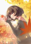  1girl absurdres autumn autumn_leaves blue_eyes blurry blurry_background blush bob_cut dutch_angle falling_leaves ginkgo green_eyes green_hair green_shirt heterochromia highres holding holding_leaf idolmaster idolmaster_cinderella_girls idolmaster_cinderella_girls_starlight_stage leaf looking_at_viewer maple_leaf mole mole_under_eye off-shoulder_shirt off_shoulder outdoors sanpo_(sanpo_1027) shirt smile solo takagaki_kaede 