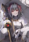  1girl :d antenna_hair arknights bangs black_gloves breasts cosplay eitri_(fire_emblem) eitri_(fire_emblem)_(cosplay) feet_out_of_frame fire_emblem fire_emblem_heroes gloves grey_hair grin hat holding holding_sword holding_weapon horns large_breasts long_sleeves looking_at_viewer multicolored_hair parted_lips red_eyes red_hair sitting smile smoke solo spread_legs sword ten_(tenchan_man) two-tone_hair w_(arknights) weapon white_headwear witch_hat 