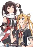  2girls abukuma_(kancolle) abukuma_kai_ni_(kancolle) bangs black_gloves black_hair black_jacket black_skirt blonde_hair blue_eyes brown_eyes commentary_request cowboy_shot double_bun elbow_gloves fingerless_gloves gloves grey_sailor_collar hair_between_eyes hair_bun hair_rings highres jacket kantai_collection long_hair minosu multiple_girls neck_ribbon orange_shirt red_ribbon ribbon sailor_collar scarf school_uniform sendai_(kancolle) sendai_kai_ni_(kancolle) serafuku shirt short_sleeves simple_background skirt sleeveless sleeveless_shirt standing two_side_up upper_body white_background white_scarf 