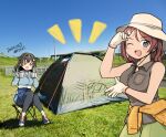  2girls ^^^ artist_name black_hair black_pants blue_sky breasts brown_hair brown_shirt camping chougei_(kancolle) clothes_around_waist commentary_request cup dated day gloves grey_eyes grey_shirt hair_flaps hair_ornament hairclip jacket jacket_around_waist jingei_(kancolle) kantai_collection kirisawa_juuzou large_breasts long_hair mug multiple_girls official_alternate_costume one_eye_closed outdoors pants photo_background red_eyes shirt sitting sky sleeveless sleeveless_shirt tent white_gloves white_headwear 