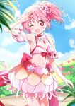  1girl arm_up bare_shoulders bikini breasts bubble_skirt choker commentary cowboy_shot detached_sleeves flower hair_flower hair_ornament highres kaname_madoka kaname_madoka_(swimsuit_ver.) magia_record:_mahou_shoujo_madoka_magica_gaiden mahou_shoujo_madoka_magica midriff navel one_eye_closed open_mouth pink_bikini pink_hair puffy_short_sleeves puffy_sleeves red_eyes rikopin short_sleeves side_ponytail skirt small_breasts smile solo stomach swimsuit 