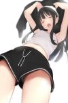  ama_mitsuki arm_up armpits bangs black_hair black_shorts blush breasts camisole closed_eyes cowboy_shot from_below head_tilt highres long_hair navel open_mouth original panties pantyshot shorts simple_background small_breasts underwear upshorts white_background white_panties 