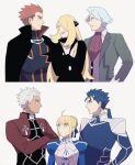  2girls 4boys :d ahoge archer_(fate) armor artoria_pendragon_(fate) black_cape blonde_hair braid cape closed_eyes closed_mouth collared_shirt commentary_request cu_chulainn_(fate) cu_chulainn_(fate/stay_night) cynthia_(pokemon) earrings fate/stay_night fate_(series) hands_up jacket jewelry lance_(pokemon) long_hair long_sleeves multiple_boys multiple_girls necktie own_hands_together pokemon pokemon_(game) pokemon_dppt pokemon_hgss pokemon_oras ponytail popped_collar purple_vest red_hair red_necktie saber shirt short_hair shoulder_armor simple_background smile spiked_hair teeth upper_teeth vest wallace_(pokemon) white_background white_hair white_shirt y_(036_yng) 