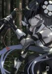  1girl absurdres bamboo bamboo_forest black_hair dated eyepatch fate/grand_order fate_(series) fishnet_sleeves forest highres low_twintails mochizuki_chiyome_(fate) nature ninjatou purple_eyes reverse_grip short_sword signature sword tattoo tsukaasa twintails weapon 