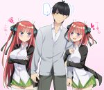  1boy 2girls :&lt; :d absurdres arm_grab arm_hug arms_under_breasts bangs black_cardigan black_hair black_ribbon blue_eyes blunt_bangs blush breasts butterfly_hair_ornament cardigan crossed_arms embarrassed frown go-toubun_no_hanayome green_skirt grey_cardigan grey_pants hair_ornament heart highres hime_cut kurosaki_coco large_breasts long_hair looking_at_another multicolored_nails multiple_girls nail_polish nakano_nino open_cardigan open_clothes pants pink_hair raised_eyebrows ribbon school_uniform shirt sidelocks simple_background skirt sleeves_past_wrists smile speech_bubble thick_thighs thighhighs thighs twintails uesugi_fuutarou v-shaped_eyebrows white_shirt white_thighhighs yellow_eyes zettai_ryouiki 