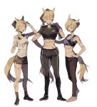  3girls alternate_costume alternate_hairstyle animal_ears arknights black_pants black_shorts blemishine_(arknights) blonde_hair blue_eyes closed_eyes commentary_request hand_on_hip hand_up highres horse_ears horse_girl horse_tail implied_extra_ears multiple_girls multiple_scars nearl_(arknights) open_mouth pants ponytail scar shirt shorts simpleattack sports_bra sportswear sweatpants tail whislash_(arknights) white_background white_shirt wristband 