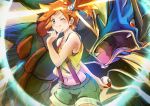  1girl ;) bangs bare_arms blue_eyes blush clear_glass_(mildmild1311) closed_mouth commentary_request eyelashes green_shorts gyarados hand_up highres holding holding_poke_ball mega_gyarados mega_pokemon misty_(pokemon) navel one_eye_closed orange_hair poke_ball poke_ball_(basic) pokemon pokemon_(anime) pokemon_(creature) pokemon_sm_(anime) shirt short_hair shorts side_ponytail smile suspenders watermark yellow_shirt 