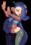  1girl blue_hair cephalopod_eyes chest_sarashi cross-shaped_pupils denim groin highres jeans medium_hair navel octarian pants red_eyes sarashi shiver_(splatoon) solo splatoon_(series) splatoon_3 stomach suction_cups tentacle_hair tooth_earrings torn_clothes torn_jeans torn_pants wide_hips yuta_agc 