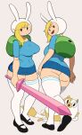  2girls adventure_time animal_hood ass backpack bag blonde_hair breasts cake_(adventure_time) fionna_the_human_girl genderswap genderswap_(mtf) green_bag highres holding holding_sword holding_weapon hood large_breasts looking_at_viewer multiple_girls rabbit_hood sword thick_thighs thighhighs thighs weapon yuta_agc zettai_ryouiki 