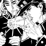  2boys bottle cigarette earrings expressionless gakuran greyscale hat highres holding holding_bottle jewelry jojo_no_kimyou_na_bouken kakyoin_noriaki kujo_jotaro lighting_cigarette looking_at_object male_focus meme monochrome multiple_boys my_nameisyoon school_uniform short_hair stardust_crusaders stud_earrings upper_body watch white_background wristwatch 