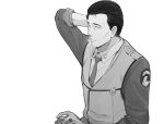  1boy arm_behind_head can collared_shirt frown gloves gotou_kiichi greyscale hair_behind_ear hair_slicked_back highres holding holding_can ishiyumi jacket kidou_keisatsu_patlabor looking_to_the_side male_focus monochrome necktie sanpaku scratching_head shirt solo vest white_background 