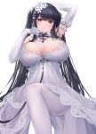  1girl absurdres arm_up armpits azur_lane black_hair blush breasts bridal_gauntlets cleavage closed_mouth dress flower hair_flower hair_ornament highres large_breasts long_hair looking_at_viewer official_alternate_costume pantyhose peter_strasser_(a_moment_frozen_in_pure_white)_(azur_lane) peter_strasser_(azur_lane) red_eyes seductive_smile smile solo wedding_dress white_dress white_pantyhose yuuki_shuri 