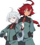  2girls ahoge black_hairband blush closed_mouth commentary_request green_eyes grey_eyes grey_hair gundam gundam_suisei_no_majo hair_between_eyes hairband hand_on_hip highres long_hair long_sleeves looking_at_viewer matatabi_(2ccp) miorine_rembran multiple_girls necktie necktie_grab neckwear_grab red_hair red_necktie suletta_mercury sweat upper_body v-shaped_eyebrows wavy_mouth white_background 