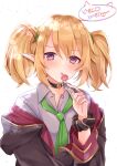  1girl bangs black_coat black_scrunchie blonde_hair candy chloe_(princess_connect!) coat collar collared_shirt elf food green_necktie grey_shirt hair_between_eyes highres holding holding_food licking lollipop long_jacket long_sleeves necktie neco_meito open_clothes pointy_ears princess_connect! purple_eyes school_uniform scrunchie shirt short_hair sidelocks simple_background solo st._theresa&#039;s_girls_academy_school_uniform tongue tongue_out twintails upper_body v-shaped_eyebrows white_background wrist_scrunchie 