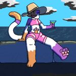  alcohol anthro beach beverage cally_(theenyface) clothed clothing detailed_background dipstick_tail domestic_cat eyes_closed felid feline felis female footprint fur happy holding_beverage holding_object long_tail mammal markings orange_body orange_fur pawpads pawprint pawprint_marking purple_body purple_fur sea seaside sitting smile solo swimwear tail_markings theenyface water 