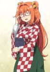  1girl aged_up bell blush book checkered_clothes checkered_kimono closed_eyes glasses green_skirt hair_bell hair_ornament holding holding_book japanese_clothes jingle_bell kimono long_hair long_sleeves motoori_kosuzu open_mouth orange_hair red-framed_eyewear shirosato skirt smile solo touhou two_side_up wide_sleeves 