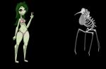  &lt;3 &lt;3_eyes aki_(squablodecomplash) anthro bikini black_eyes blush body_horror bone breasts clothing cryptid duo elemental_creature elemental_humanoid female flora_fauna floran freckles gesture green_body green_hair hair humanoid monster navel plant plant_humanoid red_body red_clothing smile squablodecomplash starbound swimwear underwear unknown_species v_sign video_games white_body white_clothing 