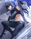  1girl bangs bare_shoulders black_pants black_shirt blue_archive blue_eyes breasts coat gloves gun halo hat highres jacket knife_holster long_hair looking_at_viewer mask midriff mouth_mask navel off_shoulder open_clothes open_jacket pants saori_(blue_archive) shirt solo thighs underboob vilde_loh_hocen weapon white_coat 