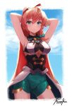  antenna_hair armpits arms_behind_head arms_up black_bra blue_eyes bra braid breasts cleavage cloud cloudy_sky collar dragalia_lost green_shorts hair_ornament high_ponytail highres large_breasts long_hair louise_(dragalia_lost) pensive pink_hair punished_pigeon shorts sideboob sky solo underboob underwear 
