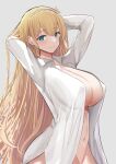  1girl alternate_costume arms_behind_head arms_up azur_lane blonde_hair blue_eyes blush bottomless breasts cleavage closed_mouth collared_shirt covered_nipples dress_shirt grey_background hairband large_breasts long_hair looking_at_viewer north_carolina_(azur_lane) open_clothes open_shirt schreibe_shura shirt simple_background smile solo very_long_hair white_hairband white_shirt 