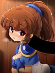  1girl arle_nadja armor bangs bar_censor blue_sleeves blue_wristband blush brown_eyes brown_hair censored commentary_request hands_on_own_chest heart heart-shaped_pupils konpeto madou_monogatari open_mouth pauldrons ponytail puyopuyo sexually_suggestive shirt short_sleeves shoulder_armor single_pauldron steaming_body sweat symbol-shaped_pupils white_shirt wrist_cuffs 