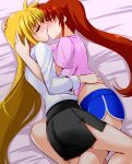  2girls black_skirt blonde_hair blue_shorts blush breasts brown_hair closed_eyes cuddling engo_(aquawatery) fate_testarossa highres hug kiss large_breasts long_hair lyrical_nanoha mahou_shoujo_lyrical_nanoha_strikers miniskirt multiple_girls pink_shirt shiny shiny_hair shiny_skin shirt shorts skirt takamachi_nanoha tsab_executive_military_uniform white_shirt wife_and_wife yuri 