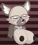  aggressive_retsuko anthro areola big_breasts black_areola black_nipples blakey blush breasts brown_body brown_fur canid canine canis digital_media_(artwork) eyes_closed eyewear female freckles fur gem glasses haida&#039;s_mother hair hi_res huge_breasts hyaenid jewelry mammal mature_anthro mature_female necklace nipples nude pearl_(gem) pearl_necklace red_eyewear red_glasses sanrio simple_background smile solo teeth torso_shot 