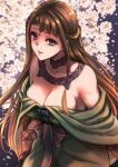  1girl bare_shoulders blue_eyes breasts brown_hair cherry_blossoms flower highres jewelry long_hair shiho_(valkyrie_profile) sutehiko tree valkyrie_profile 