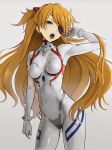  1girl blonde_hair blue_eyes bodysuit breasts breasts_apart covered_navel cowboy_shot evangelion:_3.0+1.0_thrice_upon_a_time eyepatch floating_hair grey_background headgear highres long_hair medium_breasts neon_genesis_evangelion open_mouth plugsuit rebuild_of_evangelion sasasa_r_23 shiny shiny_hair simple_background solo souryuu_asuka_langley standing very_long_hair white_bodysuit 