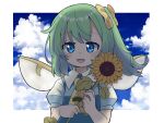  1girl :d ascot bangs blue_eyes blue_sky cloud collared_shirt daiyousei fairy_wings flower green_hair holding holding_flower looking_at_viewer open_mouth outdoors outside_border shirt short_hair short_sleeves side_ponytail sky smile solo sunflower touhou upper_body wings yamase yellow_ascot 
