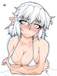  1girl bikini blush breast_lift breasts cleavage crossed_arms eyelashes full-face_blush large_breasts micro_bikini mizuhashi_parsee ootsuki_wataru partially_colored pointy_ears sketch skindentation solo swimsuit touhou underboob wavy_mouth white_bikini 