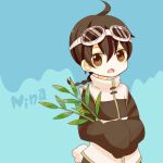  1boy ahoge bamboo bangs braid braided_ponytail brown_eyes brown_hair chinese_clothes frown goggles goggles_on_head hands_in_opposite_sleeves high_collar holding holding_plant long_hair long_sleeves low_ponytail open_mouth original plant pomx rabbit_tail solo tail wide_sleeves 