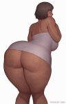  1girl alternate_body_size ass asura_(asurauser) avatar_(series) back blue_eyes blush brown_hair dark-skinned_female dark_skin from_behind highres huge_ass korra leaning_forward legs_together naked_towel short_hair simple_background solo the_legend_of_korra thick_thighs thighs towel 