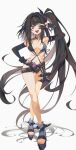  1girl absurdres architect_(girls&#039;_frontline) architect_(nvw_model)_(girls&#039;_frontline) black_hair black_one-piece_swimsuit crossed_legs elbow_gloves full_body girls&#039;_frontline gloves hair_intakes hamita_(rikopin_ika) hand_on_hip highres long_hair o-ring o-ring_swimsuit one_eye_closed one_side_up partially_fingerless_gloves sandals sangvis_ferri smile standing striped_clothes swimsuit v 