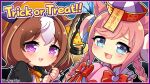  2girls @_@ agnes_digital_(lovely_jiangshi)_(umamusume) agnes_digital_(umamusume) animal_ears blue_eyes brown_hair chibi double_bun hair_bun halloween highres horse_ears horse_girl jiangshi lantern looking_at_viewer meisho_doto_(dot-o&#039;-lantern)_(umamusume) meisho_doto_(umamusume) multicolored_hair multiple_girls nihudau official_alternate_costume ofuda open_mouth pink_hair purple_eyes streaked_hair trick_or_treat umamusume 