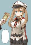  1girl 1other absurdres admiral_(kancolle) black_gloves blonde_hair blue_eyes breasts commentary_request expressionless gloves graf_zeppelin_(kancolle) hat highres holding holding_money kantai_collection kutouten medium_breasts military_hat miniskirt money peaked_cap pleated_skirt sidelocks skirt solo_focus template twintails 