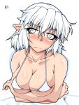  1girl bikini blush breast_lift breasts cleavage crossed_arms eyelashes full-face_blush large_breasts micro_bikini mizuhashi_parsee ootsuki_wataru partially_colored pointy_ears sketch skindentation solo swimsuit touhou underboob wavy_mouth white_bikini 