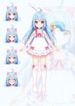  &gt;_&lt; 1girl :3 ahoge animal_ears bangs bare_shoulders blue_background blue_hair bow braid chihong_de_tianshi closed_eyes closed_mouth collarbone commentary_request copyright_request dress fake_animal_ears frilled_dress frills hair_between_eyes hair_ornament hairclip highres long_hair looking_at_viewer multicolored_hair multiple_views no_shoes official_art over-kneehighs rabbit_ears red_bow red_hair standing tail tail_bow tail_ornament thighhighs twin_braids two-tone_hair very_long_hair virtual_youtuber white_dress white_thighhighs yellow_bow zoom_layer 