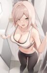  1girl bangs blonde_hair blush breasts cleavage grey_eyes highres kisaki_oni long_hair looking_at_viewer mole mole_under_eye navel open_mouth opening_door original pants solo standing sweatdrop sweatpants tank_top 