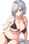 1girl artist_name banned_artist belko bikini black_bikini blue_eyes blush breasts cleavage closed_mouth collarbone dated gloves grey_hair hair_ornament hair_over_one_eye hairclip hamakaze_(kancolle) highres kantai_collection large_breasts navel short_hair signature simple_background solo swimsuit white_background white_gloves 