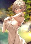  1girl :o absurdres anastasia_(idolmaster) bangs bare_arms bare_shoulders blue_eyes blush breasts cleavage hair_between_eyes highres idolmaster idolmaster_cinderella_girls looking_at_viewer medium_breasts naked_towel night night_sky onsen open_mouth outdoors rum_raisin_(chihiromakita19) short_hair sideboob sky solo steam towel tree water wet wet_hair wet_towel white_hair 