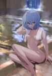  1girl ayanami_rei bangs bathroom blue_hair breasts collarbone completely_nude hair_between_eyes highres looking_at_viewer medium_breasts medium_hair neon_genesis_evangelion nude open_mouth red_eyes sitting solo steam straight_hair towel towel_around_neck yagisawa_teru 