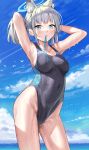  1girl absurdres animal_ear_fluff animal_ears armpits arms_behind_head arms_up bangs blue_archive blue_eyes blue_sky blush breasts cloud commentary_request cowboy_shot cross_hair_ornament day grey_hair hair_ornament halo highleg highleg_swimsuit highres long_hair looking_at_viewer medium_breasts mikumo_(lpmkookm) mouth_hold ocean one-piece_swimsuit outdoors shiroko_(blue_archive) sky solo standing swimsuit wet 