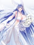  1girl :d absurdly_long_hair absurdres animal_ears azur_lane bangs bare_shoulders blue_eyes blue_hair bouquet breasts bridal_veil cang_se_ye_hua chinese_commentary choker cleavage collarbone commentary_request dress elbow_gloves fake_animal_ears feathers gloves hair_between_eyes hair_intakes heart heart-shaped_pupils highres holding holding_another&#039;s_wrist holding_bouquet large_breasts long_hair looking_at_viewer new_jersey_(azur_lane) new_jersey_(snow-white_ceremony)_(azur_lane) official_alternate_costume open_mouth rabbit_ears see-through sidelocks smile solo standing stomach symbol-shaped_pupils teeth upper_teeth veil very_long_hair wedding_dress white_choker white_dress white_gloves 