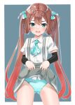  1girl aqua_panties arm_warmers asagumo_(kancolle) ascot ass_visible_through_thighs brown_hair green_background grey_eyes hair_ribbon highres holding holding_clothes holding_skirt kantai_collection lifted_by_self long_hair makiyuki panties pleated_skirt ribbon shirt skirt solo suspenders twintails underwear white_background white_shirt 
